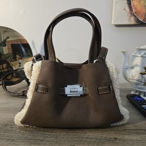 DKNY Brown Mini Bryar Satchel with Cream Faux-Shearling Trim